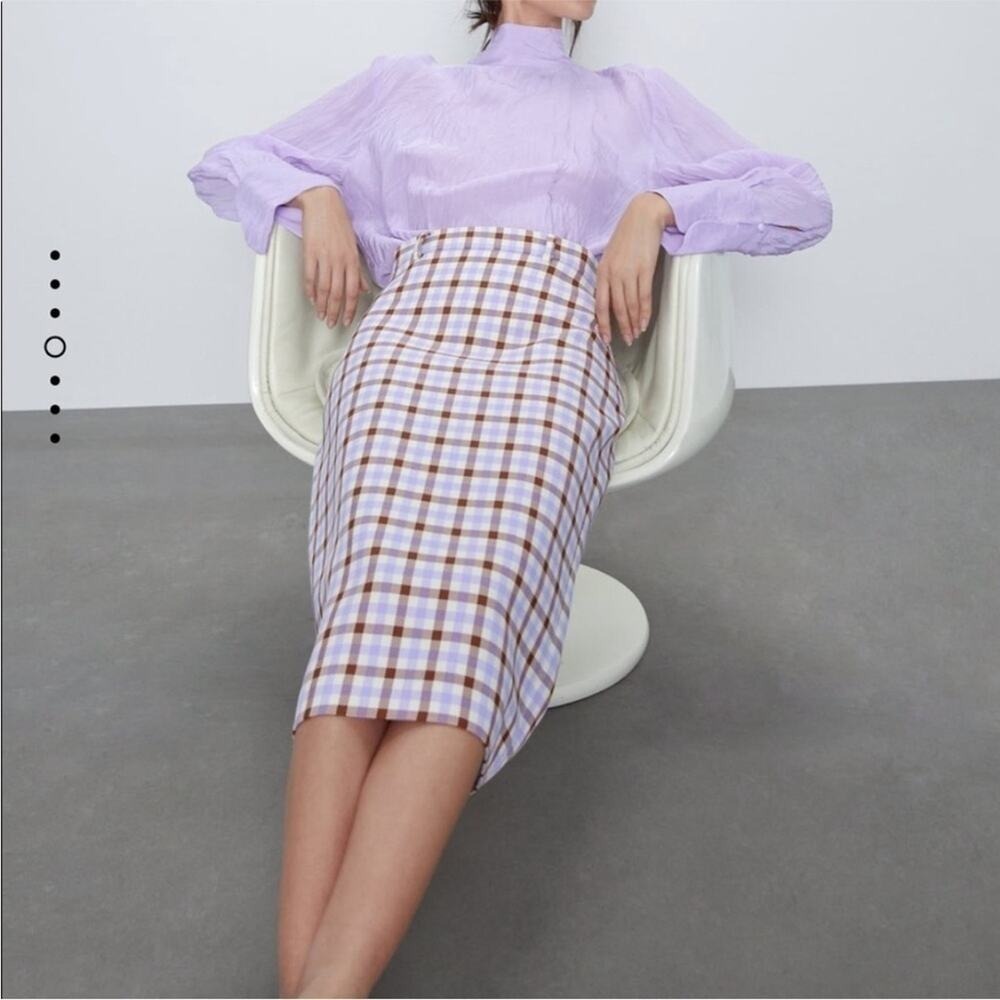 NWT Zara‎ plaid skirt bloggers favorite purple brown pencil size medium